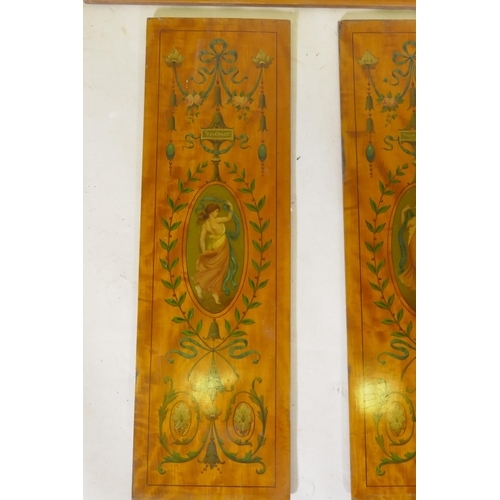 322 - Three C19th satinwood panels with painted decoration after Angelica Kaufman, the pair 69 x 22cm each