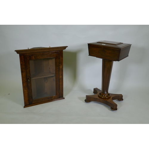 1114 - A Regency rosewood teapoy/workbox on an octagonal column, and an elm hanging corner cupboard, 79cm h... 