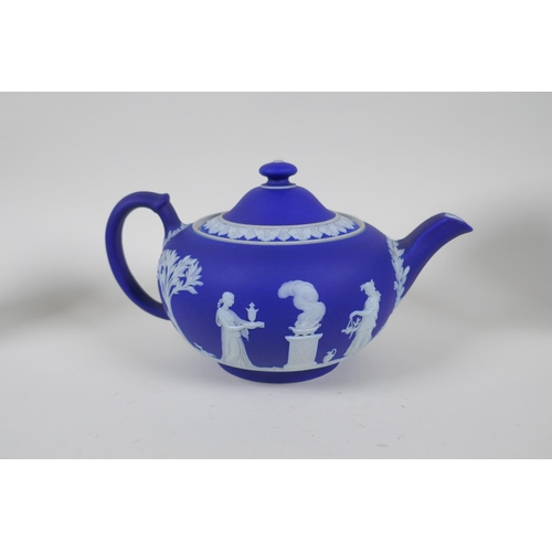 271 - A collection of Antique Wedgwood Jasperware including a teapot, jugs, saucers, vases etc, AF, teapot... 