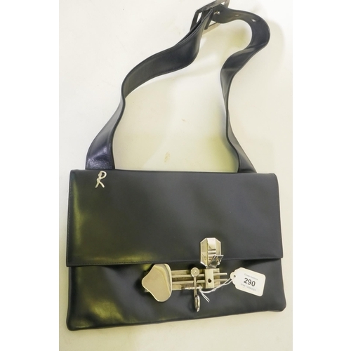 300 - Roberta di Camerino, dark blue leather handbag with decorative metal lock and buckle, 30 x 20cm