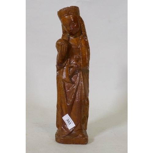 304 - Antique salt glazed stoneware figure of a woman bearing an orb, possibly the Madonna, 36cm high