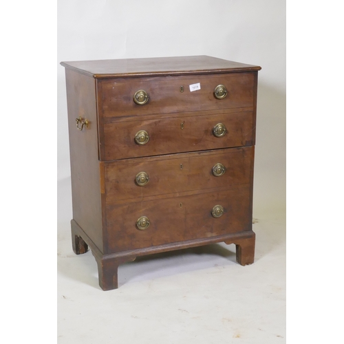 1019 - A Georgian mahogany commode with lift up top and false drawers, raised on bracket supports, 62 x 44 ... 