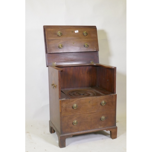 1019 - A Georgian mahogany commode with lift up top and false drawers, raised on bracket supports, 62 x 44 ... 