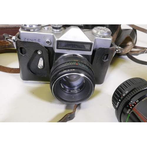 102 - Vintage 35mm SLR cameras and accessories, Nikkorex; Pentax ME; Zenit-E; Halina; Vivitar and Makinon;... 