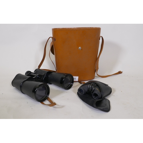 103 - Liebermann and Gortz 25 x 25 field glasses in leather case, and a pair of Pentax 9x20 binoculars