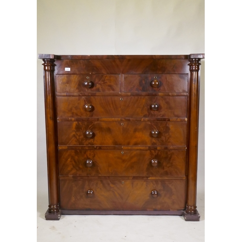 1046 - A Victorian flame mahogany Scotch chest of two over four drawers, with cock beaded detail and origin... 