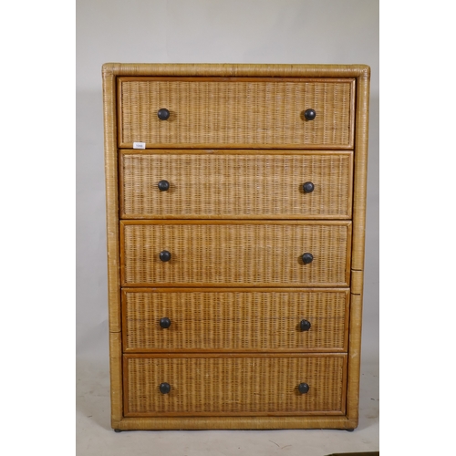 1048 - A rattan five drawer chest, 87 x 46 x 126cm