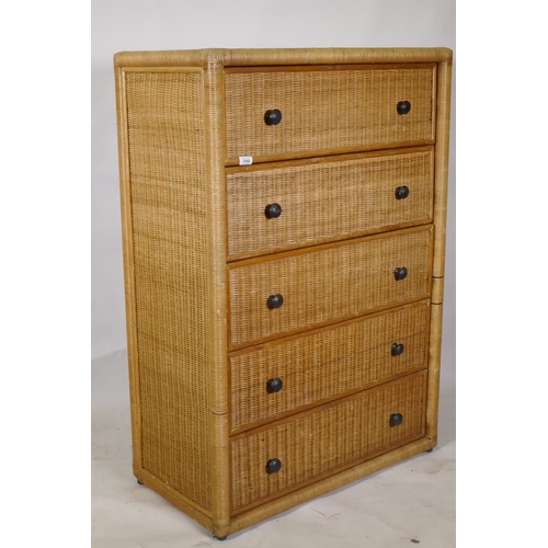 1048 - A rattan five drawer chest, 87 x 46 x 126cm