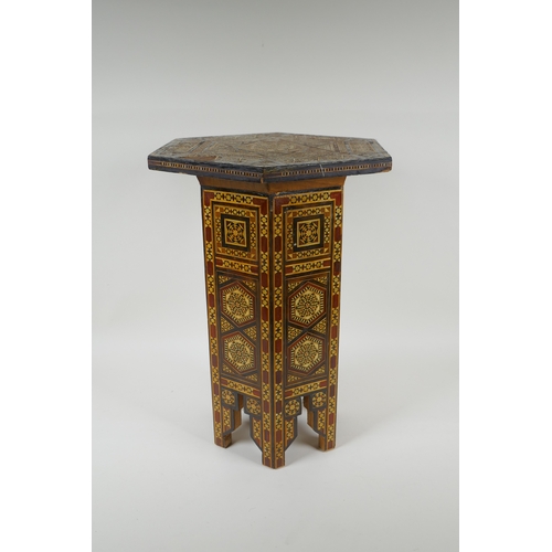 1053 - A Damascus marquetry hexagonal topped occasional table, AF losses, 33 x 33cm, 44cm high