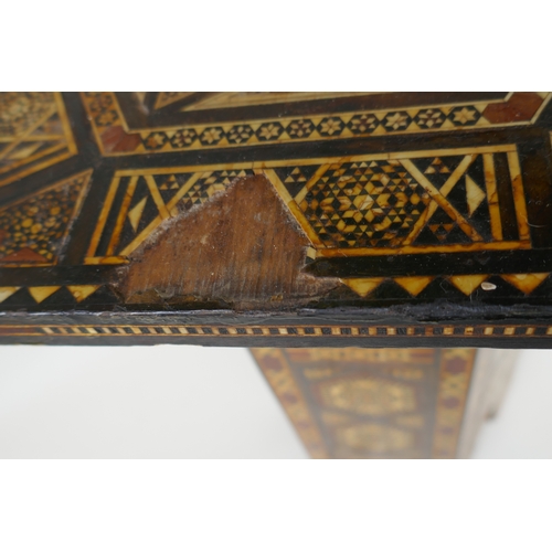 1053 - A Damascus marquetry hexagonal topped occasional table, AF losses, 33 x 33cm, 44cm high