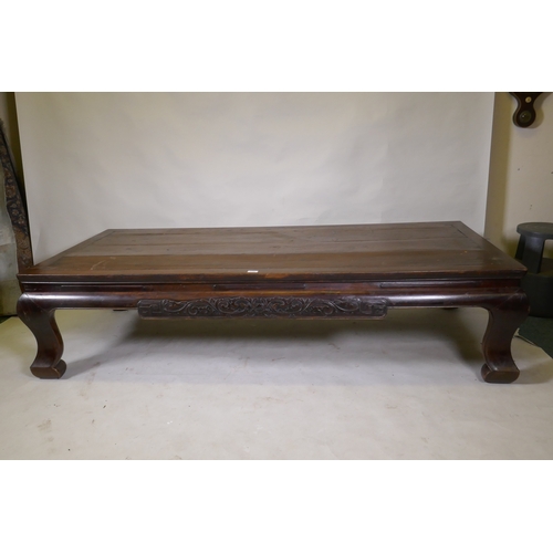 1056 - An antique Chinese soft-wood opium bed, with carved decoration, 198 x 94cm 47cm high