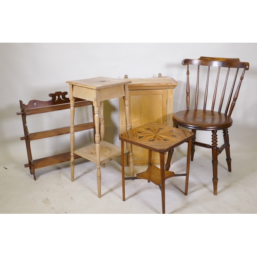 1062 - A C19th pine two tier jardiniere stand, a pine hanging cupboard, parquetry top table, open shelf wit... 