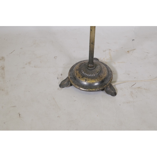 1063 - Antique silver plated telescopic floor oil lamp, converted to electricity, the back stamped EB., app... 