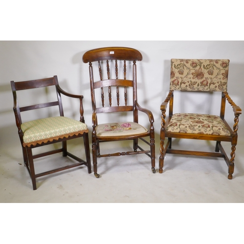 1065 - A Georgian mahogany elbow chair, a Victorian high back chair and a barley twist open arm chair