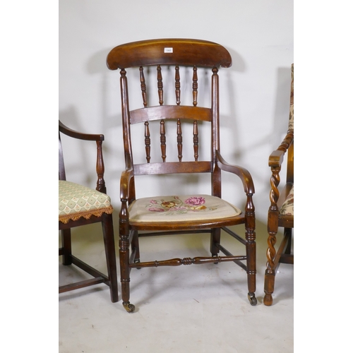 1065 - A Georgian mahogany elbow chair, a Victorian high back chair and a barley twist open arm chair