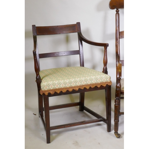 1065 - A Georgian mahogany elbow chair, a Victorian high back chair and a barley twist open arm chair