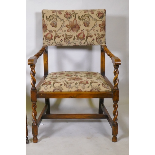 1065 - A Georgian mahogany elbow chair, a Victorian high back chair and a barley twist open arm chair