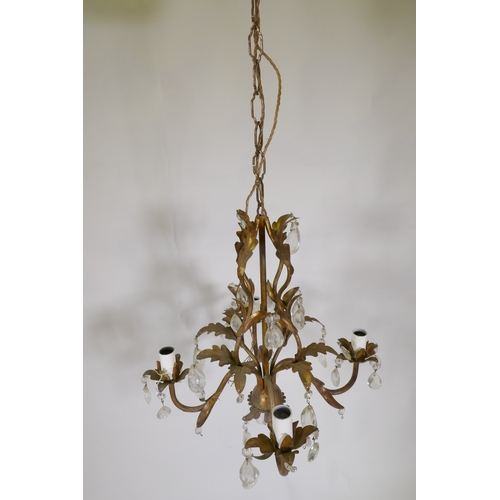 1071 - A French gilt metal four branch chandelier with lustre drops, 46cm wide, 80cm drop