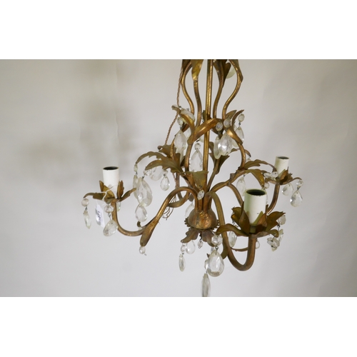 1071 - A French gilt metal four branch chandelier with lustre drops, 46cm wide, 80cm drop