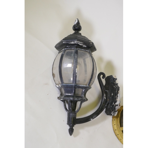 1072 - A vintage metal lantern and a wall lantern, 36cm high