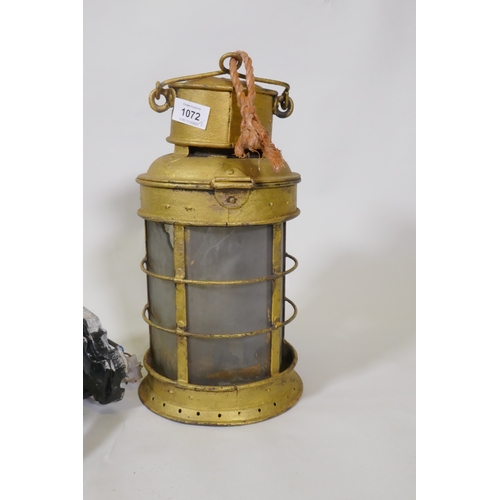 1072 - A vintage metal lantern and a wall lantern, 36cm high