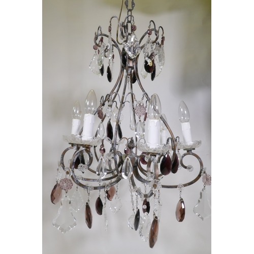 1075 - An antiqued copper six branch chandelier, with amethyst lustre drops, 100cm drop with chain, 56cm wi... 