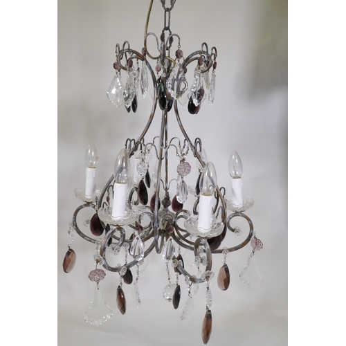 1075 - An antiqued copper six branch chandelier, with amethyst lustre drops, 100cm drop with chain, 56cm wi... 