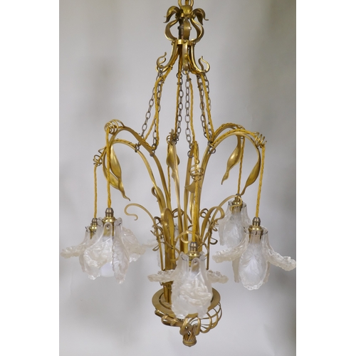 1082 - A Faraday & Son ormolu ceiling light, with six suspended lamps each with six individual etched g... 