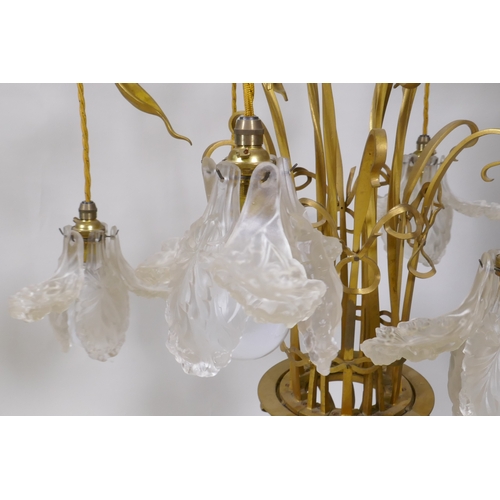 1082 - A Faraday & Son ormolu ceiling light, with six suspended lamps each with six individual etched g... 