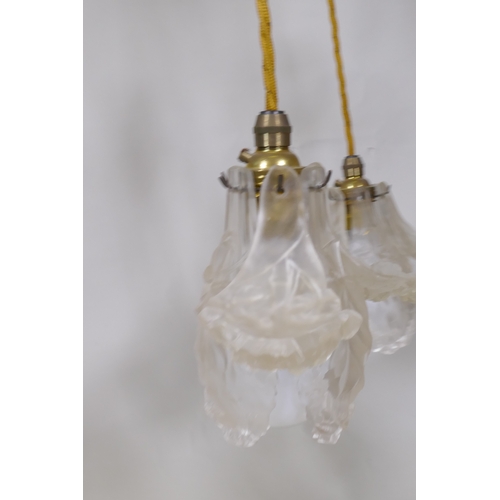 1082 - A Faraday & Son ormolu ceiling light, with six suspended lamps each with six individual etched g... 