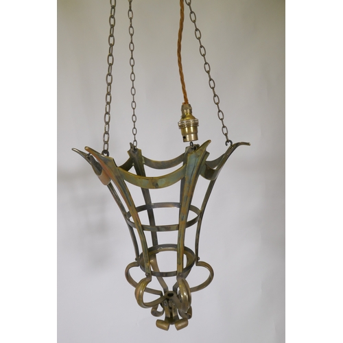 1083 - An antique brass ceiling lantern, stamped GEC, 30cm high