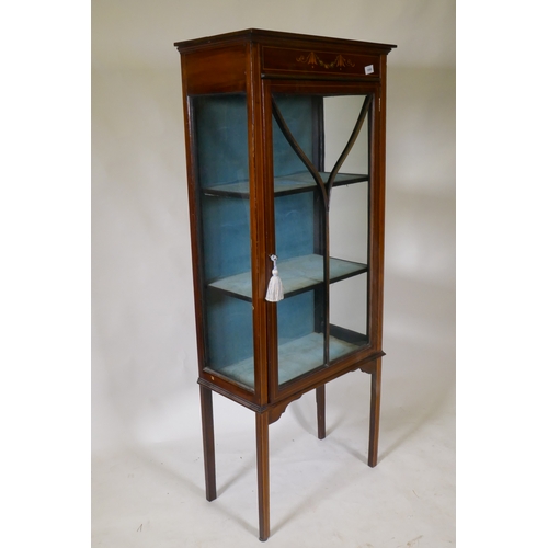 1089 - An Edwardian inlaid mahogany display cabinet with painted decoration and single glazed door, raised ... 