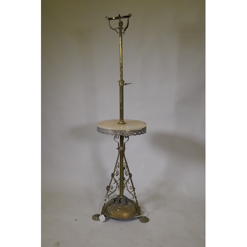 1102 - A brass and alabaster standard lamp with telescope action, 150cm extended