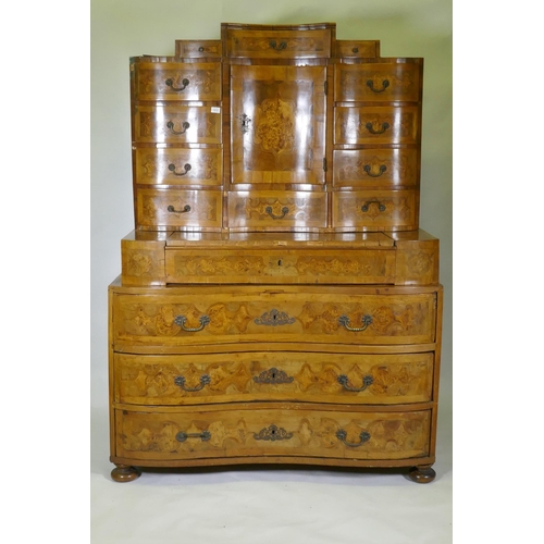 1112 - An C18th/C19th Continental walnut secretaire a trois corps, inlaid with burr walnut panels, the top ... 