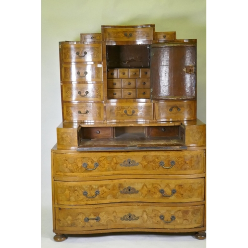 1112 - An C18th/C19th Continental walnut secretaire a trois corps, inlaid with burr walnut panels, the top ... 