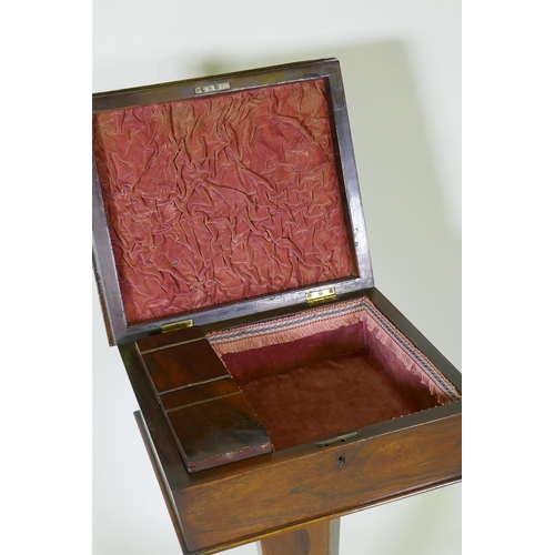 1114 - A Regency rosewood teapoy/workbox on an octagonal column, and an elm hanging corner cupboard, 79cm h... 