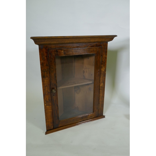 1114 - A Regency rosewood teapoy/workbox on an octagonal column, and an elm hanging corner cupboard, 79cm h... 