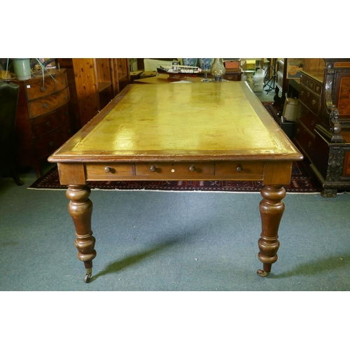 1134 - A large C19th eight drawer mahogany partners library table/desk, with leather inset top, raised on t... 