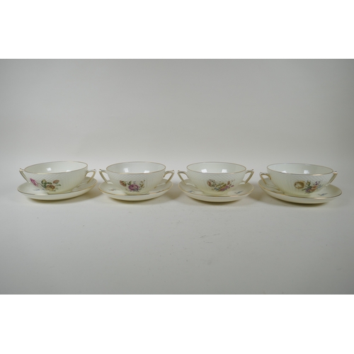 12 - Four Royal Copenhagen 'Frijsenbog' Saxon Flower patter soup cups and saucers,pattern 910, 17cm diame... 