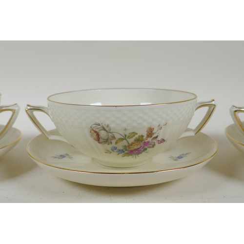 12 - Four Royal Copenhagen 'Frijsenbog' Saxon Flower patter soup cups and saucers,pattern 910, 17cm diame... 