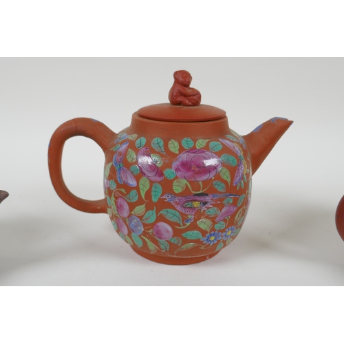 120 - Three Chinese YiXing teapots, one with famille rose enamelled floral decoration, AF, largest 13cm hi... 