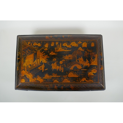 122 - A Chinoiserie black lacquer box and cover decorated with figures in a landscape, 47 x 30cm