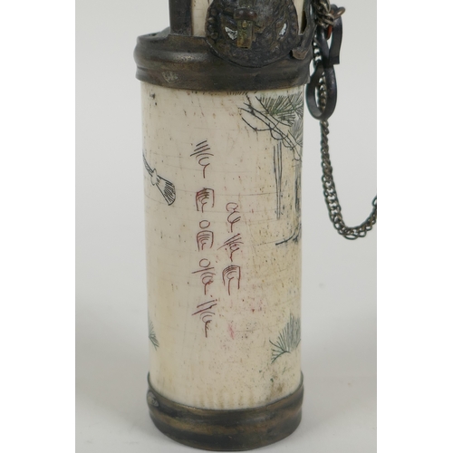 130 - A Chinese metal mounted bone water pipe, with figural decoration to side, 11cm high