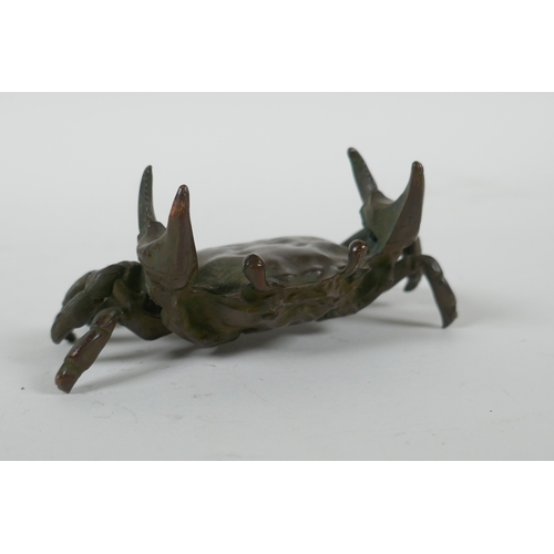 131 - A Japanese style bronze okimono crab, 9cm wide