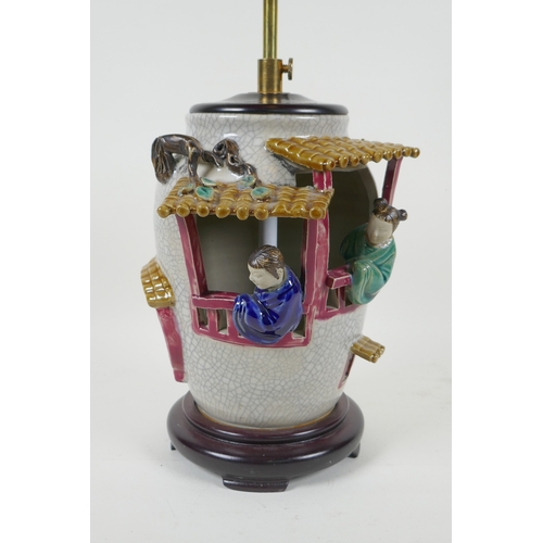 137 - A Chinese crackleware lamp decorated with figures in windows, 32 x 38cm high, AF