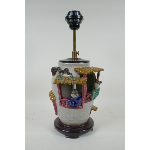 137 - A Chinese crackleware lamp decorated with figures in windows, 32 x 38cm high, AF