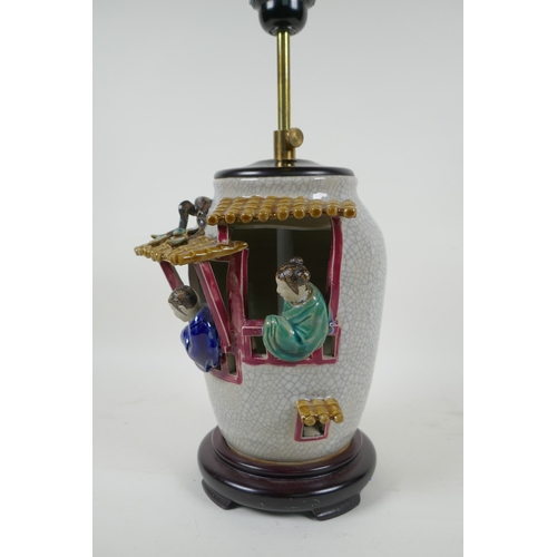 137 - A Chinese crackleware lamp decorated with figures in windows, 32 x 38cm high, AF