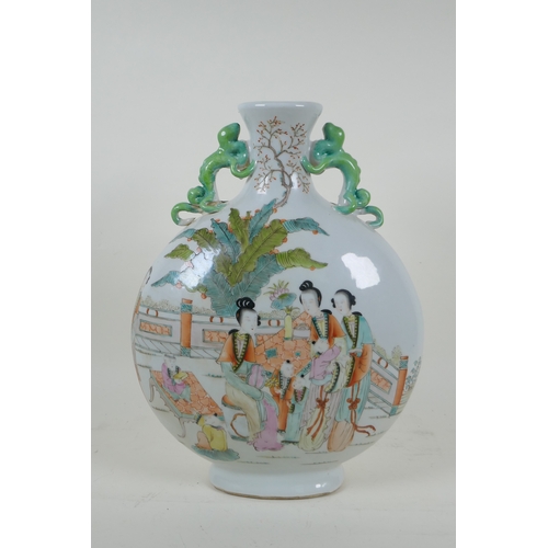 142 - A Chinese famille vert porcelain moon flask with two kylin handles, decorated with women and childre... 