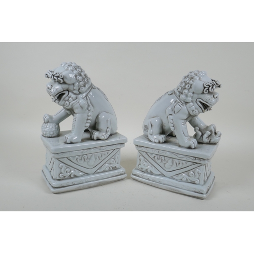 149 - A pair of Chinese blanc de chine porcelain temple lions, impressed marks to the reverse, 24cm high