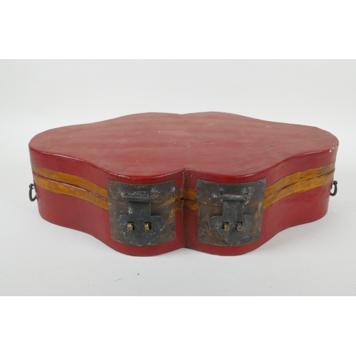 152 - A Chinese red lacquered wood box with metal mounts, 40 x 25cm